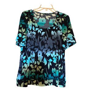Style & Co. Floral Leaf Print BLouse Size Large Blue, Green Black